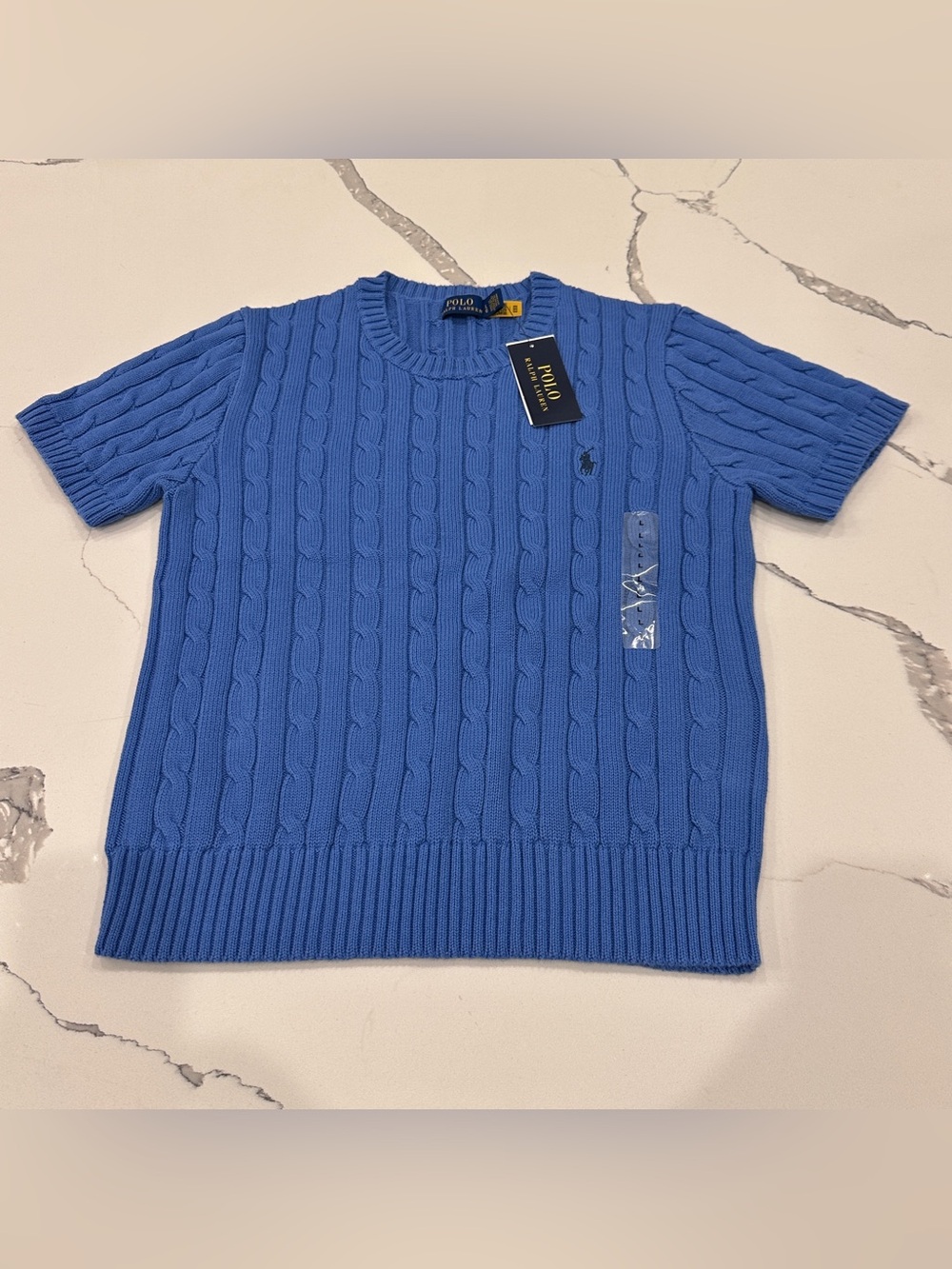 Polo Ralph Lauren Women’s Sweater Cable Knit Short Sleeve Logo Blue Sz L NWT
